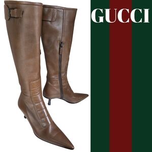GUCCI Tobacco Brown Buckle, Strap & Moto Patch Kitten Heel Knee Boot 6